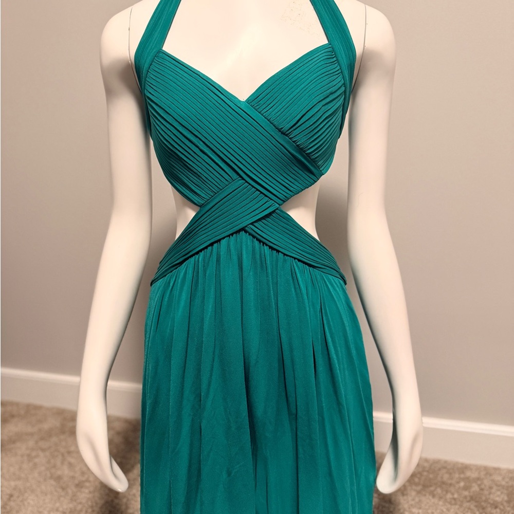 BCBGMaxAzria Teal One-Shoulder Cutout Evening Dress